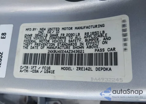 2010 Toyota Corolla Le z USA, uszkodzony, nr VIN 1NXBU4EE4AZ343621